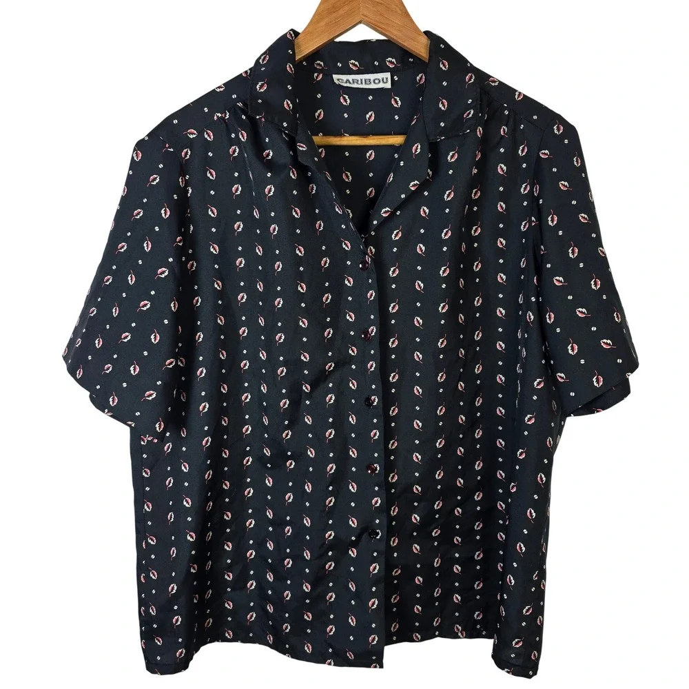 Vintage Caribou Black Floral Print Button Up Short Sleeve Blouse Women's Size XL